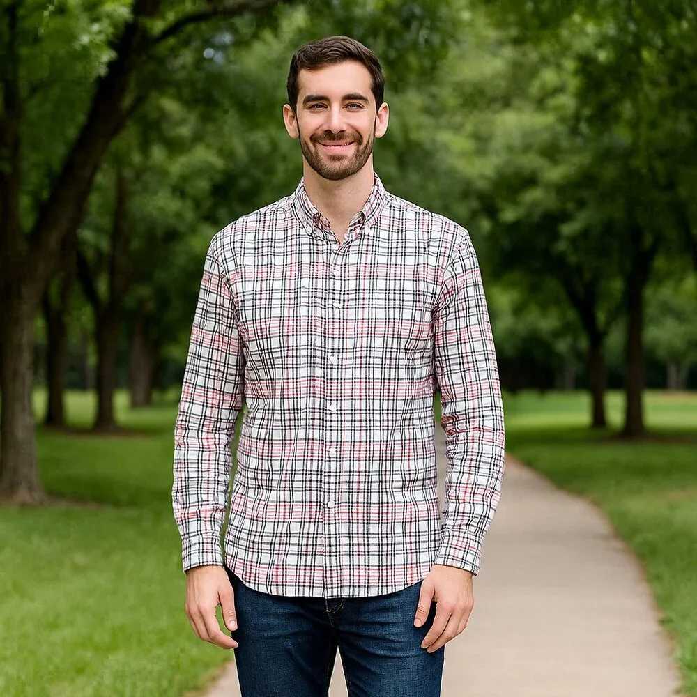 Levis Seersucker‎ Men L Red/Blue Plaid Long Sleeve Button Down Shirt Retro VTG